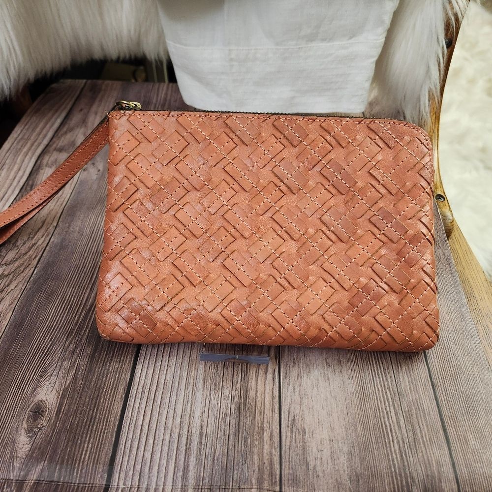 Patricia Nash Woven Leather Wristlet in Cognac Brown